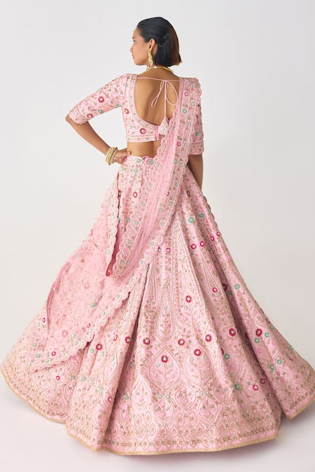 Shop_Shyam Narayan Prasad_Pink Silk, Net Embroidery, Zari V-neck Raw Bridal Lehenga Set _at_Aza_Fashions