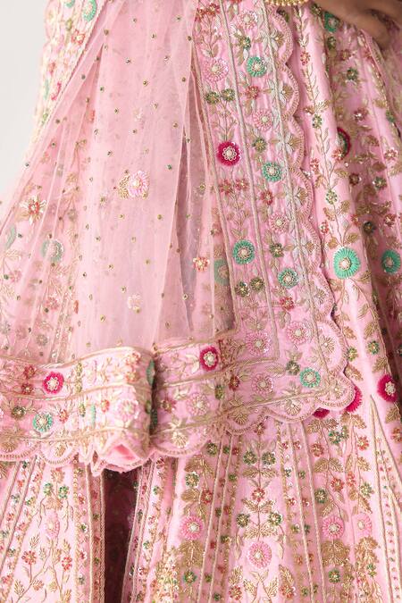 Shyam Narayan Prasad_Pink Silk, Net Embroidery, Zari V-neck Raw Bridal Lehenga Set _Online_at_Aza_Fashions