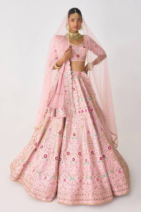 Buy_Shyam Narayan Prasad_Pink Silk, Net Embroidery, Zari V-neck Raw Bridal Lehenga Set _Online_at_Aza_Fashions