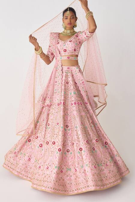 Shyam Narayan Prasad_Pink Silk, Net Embroidery, Zari V-neck Raw Bridal Lehenga Set _at_Aza_Fashions
