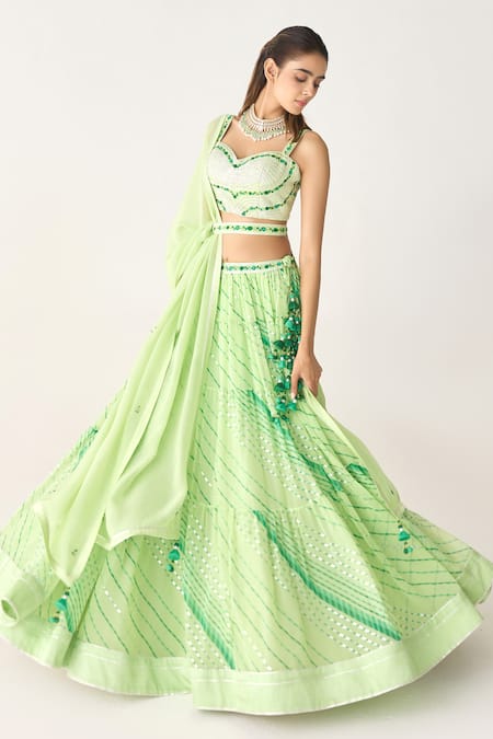 Shyam Narayan Prasad Green Georgette, Chiffon Gota Patti, Embroidery Leheriya Pattern Lehenga Set Online at Aza Fashions Shyam Narayan Prasad_Green Georgette, Chiffon Gota Patti, Embroidery Leheriya Pattern Lehenga Set _Online_at_Aza_Fashions