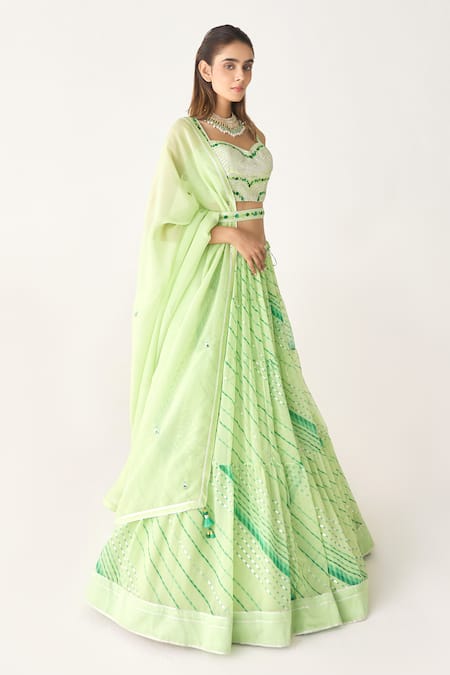 Shop Shyam Narayan Prasad Green Georgette, Chiffon Gota Patti, Embroidery Leheriya Pattern Lehenga Set Online at Aza Fashions Shop_Shyam Narayan Prasad_Green Georgette, Chiffon Gota Patti, Embroidery Leheriya Pattern Lehenga Set _Online_at_Aza_Fashions