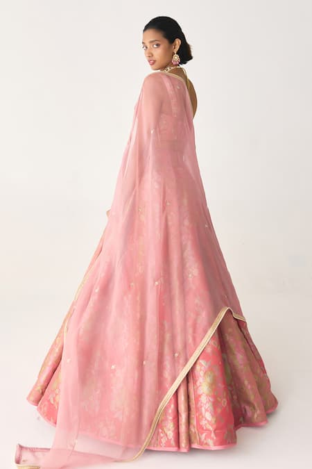 Shop_Shyam Narayan Prasad_Pink Brocade, Organza Embroidery, Zari Flower Woven Pleated Lehenga Set _at_Aza_Fashions