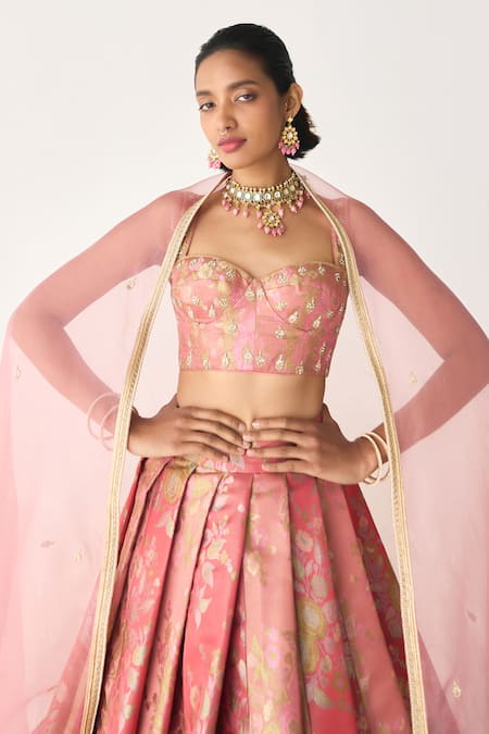 Buy_Shyam Narayan Prasad_Pink Brocade, Organza Embroidery, Zari Flower Woven Pleated Lehenga Set _Online_at_Aza_Fashions