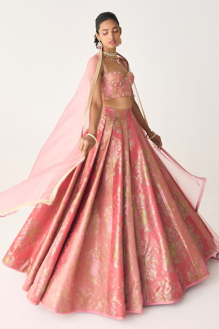 Shop_Shyam Narayan Prasad_Pink Brocade, Organza Embroidery, Zari Flower Woven Pleated Lehenga Set _Online_at_Aza_Fashions