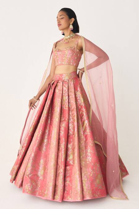 Shyam Narayan Prasad_Pink Brocade, Organza Embroidery, Zari Flower Woven Pleated Lehenga Set _at_Aza_Fashions