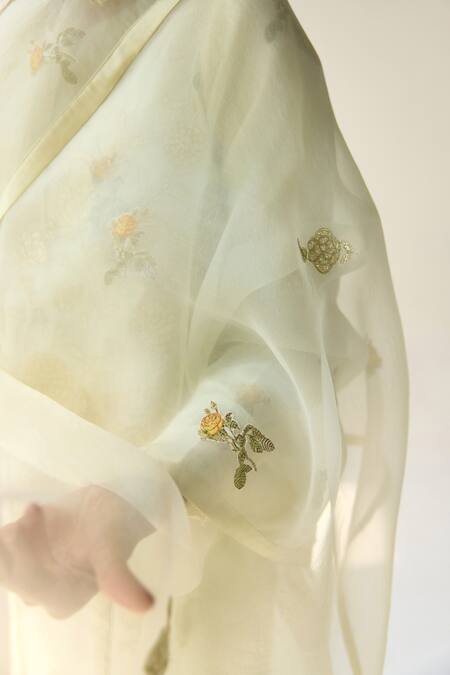 Buy_Shyam Narayan Prasad_Green Chanderi Embroidery, Sequins, Applique Round Hand Block Printed Kurta Set _Online_at_Aza_Fashions