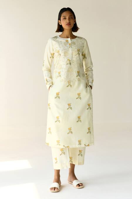 Shop_Shyam Narayan Prasad_Green Chanderi Embroidery, Sequins, Applique Round Hand Block Printed Kurta Set _Online_at_Aza_Fashions