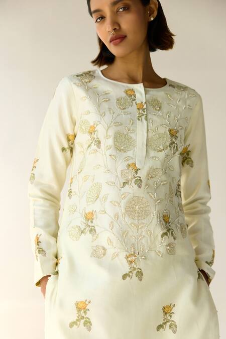 Buy_Shyam Narayan Prasad_Green Chanderi Embroidery, Sequins, Applique Round Hand Block Printed Kurta Set 