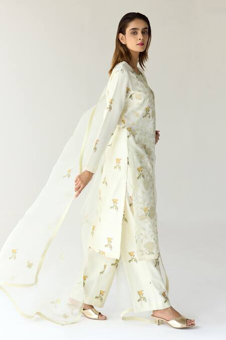 Shyam Narayan Prasad_Green Chanderi Sequins, Applique, Embroidery Floral Hand Block Print Kurta Set _Online_at_Aza_Fashions