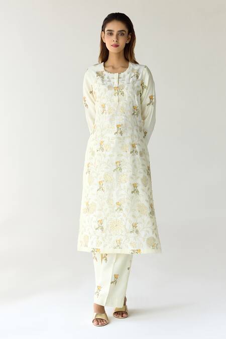 Shop_Shyam Narayan Prasad_Green Chanderi Sequins, Applique, Embroidery Floral Hand Block Print Kurta Set _Online_at_Aza_Fashions