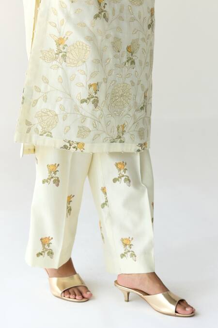 Shyam Narayan Prasad_Green Chanderi Sequins, Applique, Embroidery Floral Hand Block Print Kurta Set _at_Aza_Fashions