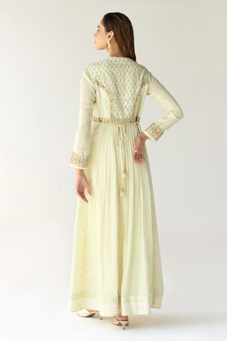 Shop_Shyam Narayan Prasad_Green Cotton Satin, Chiffon Zari, Embroidery Round Zardozi Work Anarkali Set _at_Aza_Fashions