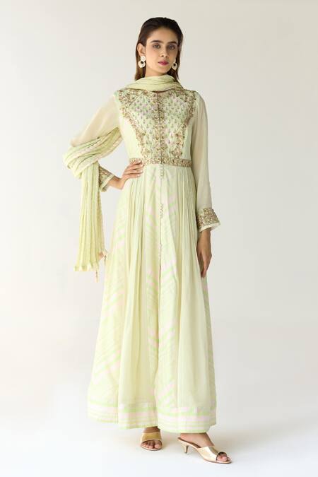 Shyam Narayan Prasad_Green Cotton Satin, Chiffon Zari, Embroidery Round Zardozi Work Anarkali Set _Online_at_Aza_Fashions