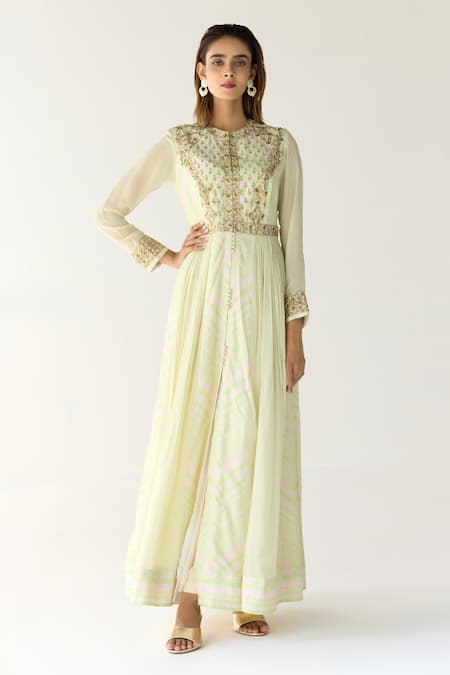 Shyam Narayan Prasad_Green Cotton Satin, Chiffon Zari, Embroidery Round Zardozi Work Anarkali Set _at_Aza_Fashions