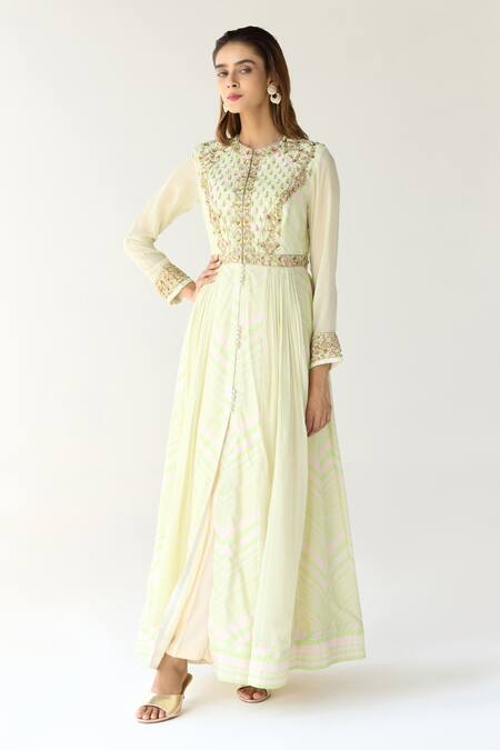 Buy_Shyam Narayan Prasad_Green Cotton Satin, Chiffon Zari, Embroidery Round Zardozi Work Anarkali Set 