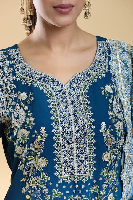 Samyukta Singhania Blue Georgette, Chiffon, Silk Embroidery, Sequins Paisley Floral Kurta Pant Set Online at Aza Fashions Samyukta Singhania_Blue Georgette, Chiffon, Silk Embroidery, Sequins Paisley Floral Kurta Pant Set _Online_at_Aza_Fashions