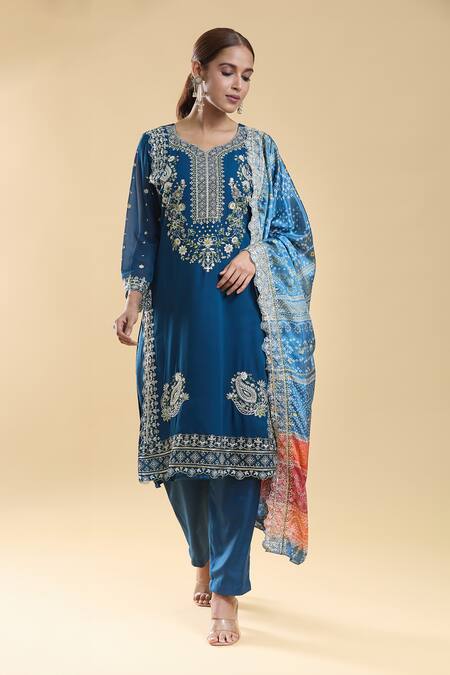 Shop Samyukta Singhania Blue Georgette, Chiffon, Silk Embroidery, Sequins Paisley Floral Kurta Pant Set Online at Aza Fashions Shop_Samyukta Singhania_Blue Georgette, Chiffon, Silk Embroidery, Sequins Paisley Floral Kurta Pant Set _Online_at_Aza_Fashions