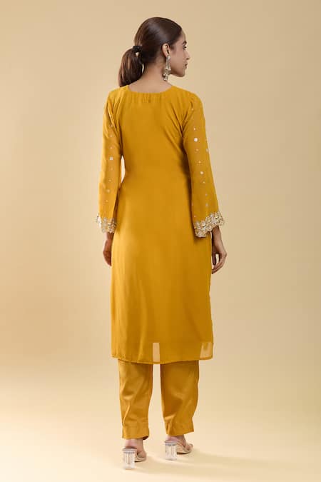 Shop Samyukta Singhania Yellow Georgette, Chiffon, Cotton, Floral Paisley Embroidered Kurta Pant Set at Aza Fashions Shop_Samyukta Singhania_Yellow Georgette, Chiffon, Cotton, Floral Paisley Embroidered Kurta Pant Set _at_Aza_Fashions