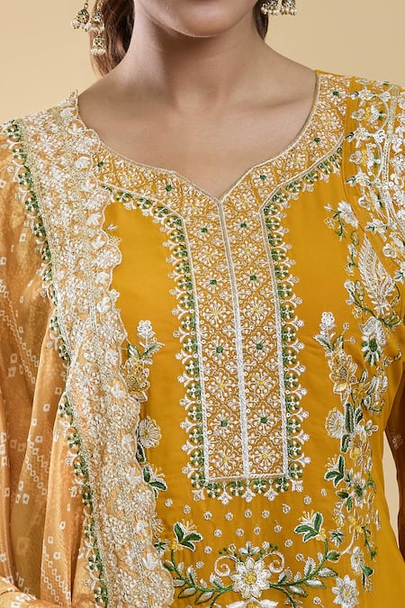 Samyukta Singhania Yellow Georgette, Chiffon, Cotton, Floral Paisley Embroidered Kurta Pant Set Online at Aza Fashions Samyukta Singhania_Yellow Georgette, Chiffon, Cotton, Floral Paisley Embroidered Kurta Pant Set _Online_at_Aza_Fashions
