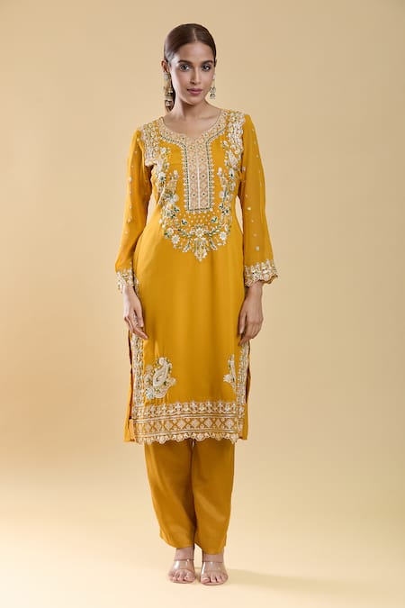 Shop Samyukta Singhania Yellow Georgette, Chiffon, Cotton, Floral Paisley Embroidered Kurta Pant Set Online at Aza Fashions Shop_Samyukta Singhania_Yellow Georgette, Chiffon, Cotton, Floral Paisley Embroidered Kurta Pant Set _Online_at_Aza_Fashions