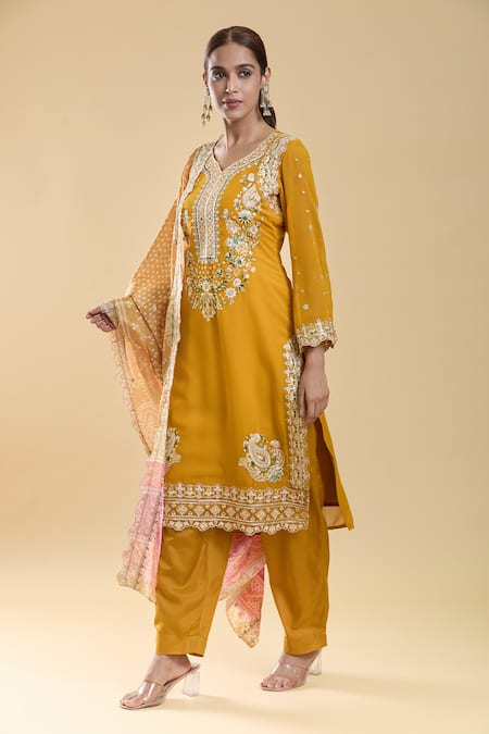 Samyukta Singhania Yellow Georgette, Chiffon, Cotton, Floral Paisley Embroidered Kurta Pant Set at Aza Fashions Samyukta Singhania_Yellow Georgette, Chiffon, Cotton, Floral Paisley Embroidered Kurta Pant Set _at_Aza_Fashions