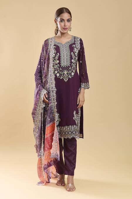 Samyukta Singhania_Purple Georgette, Chiffon, Silk Sequins, Zari Floral Embroidered Kurta Pant Set_Online_at_Aza_Fashions