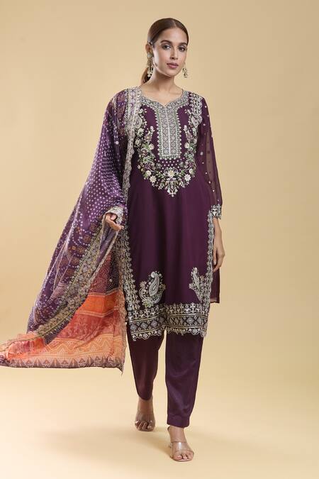 Buy_Samyukta Singhania_Purple Georgette, Chiffon, Silk Sequins, Zari Floral Embroidered Kurta Pant Set_Online_at_Aza_Fashions