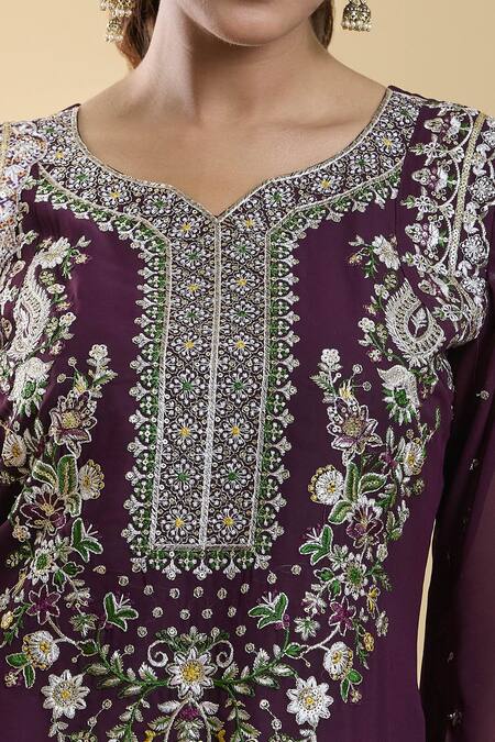 Shop_Samyukta Singhania_Purple Georgette, Chiffon, Silk Sequins, Zari Floral Embroidered Kurta Pant Set_Online_at_Aza_Fashions