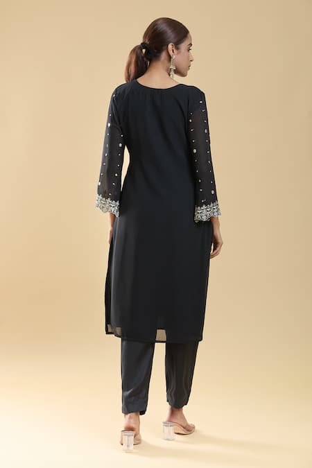 Shop Samyukta Singhania Black Georgette, Chiffon Embroidery, Sequins, Zari Paisley Kurta Pant Set at Aza Fashions Shop_Samyukta Singhania_Black Georgette, Chiffon Embroidery, Sequins, Zari Paisley Kurta Pant Set _at_Aza_Fashions