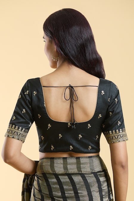 Shop Naintara Bajaj Black Silk Embroidery Round Neck Floral Blouse at Aza Fashions Shop_Naintara Bajaj_Black Silk Embroidery Round Neck Floral Blouse _at_Aza_Fashions