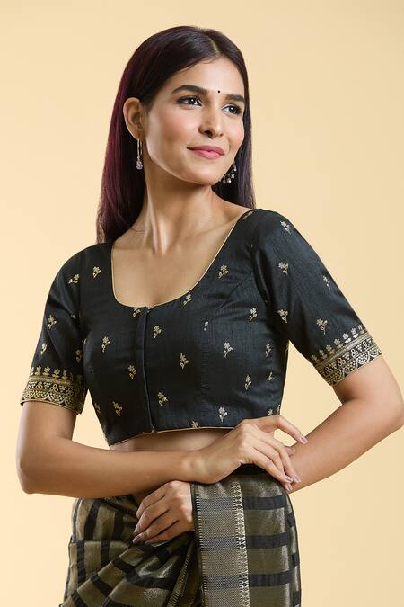 Naintara Bajaj Black Silk Embroidery Round Neck Floral Blouse Online at Aza Fashions Naintara Bajaj_Black Silk Embroidery Round Neck Floral Blouse _Online_at_Aza_Fashions