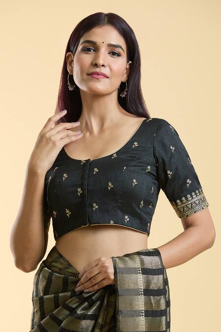 Buy Naintara Bajaj Black Silk Embroidery Round Neck Floral Blouse Online at Aza Fashions Buy_Naintara Bajaj_Black Silk Embroidery Round Neck Floral Blouse _Online_at_Aza_Fashions