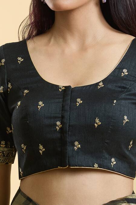 Shop Naintara Bajaj Black Silk Embroidery Round Neck Floral Blouse Online at Aza Fashions Shop_Naintara Bajaj_Black Silk Embroidery Round Neck Floral Blouse _Online_at_Aza_Fashions