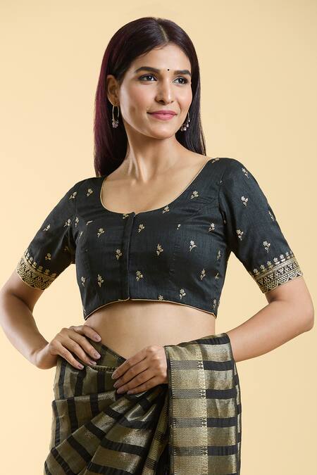Naintara Bajaj Black Silk Embroidery Round Neck Floral Blouse at Aza Fashions Naintara Bajaj_Black Silk Embroidery Round Neck Floral Blouse _at_Aza_Fashions