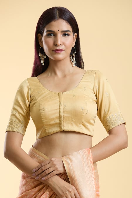 Naintara Bajaj Gold Silk Embroidery Round Neck Floral Pattern Blouse Online at Aza Fashions Naintara Bajaj_Gold Silk Embroidery Round Neck Floral Pattern Blouse _Online_at_Aza_Fashions