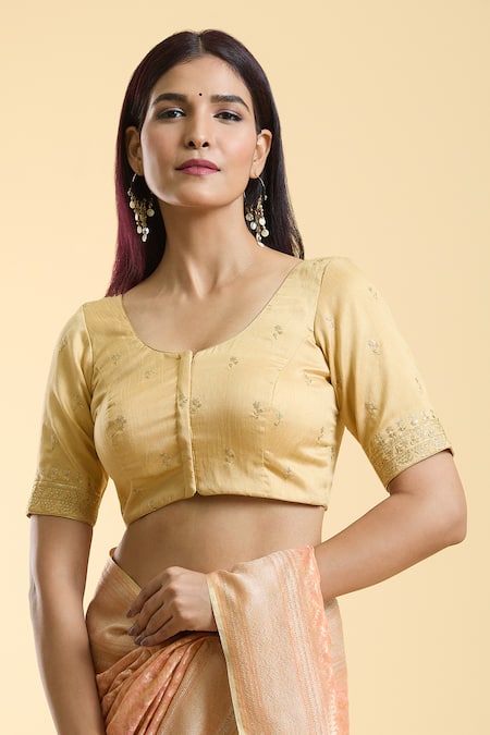 Buy Naintara Bajaj Gold Silk Embroidery Round Neck Floral Pattern Blouse Online at Aza Fashions Buy_Naintara Bajaj_Gold Silk Embroidery Round Neck Floral Pattern Blouse _Online_at_Aza_Fashions