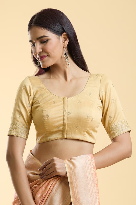 Shop Naintara Bajaj Gold Silk Embroidery Round Neck Floral Pattern Blouse Online at Aza Fashions Shop_Naintara Bajaj_Gold Silk Embroidery Round Neck Floral Pattern Blouse _Online_at_Aza_Fashions