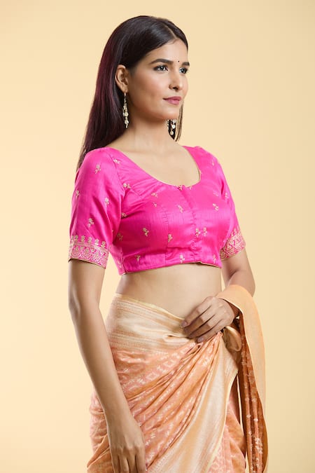 Naintara Bajaj_Pink Silk Embroidery Round Neck Floral Motif Blouse _Online_at_Aza_Fashions