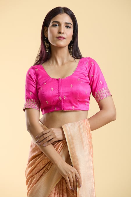 Shop_Naintara Bajaj_Pink Silk Embroidery Round Neck Floral Motif Blouse _Online_at_Aza_Fashions