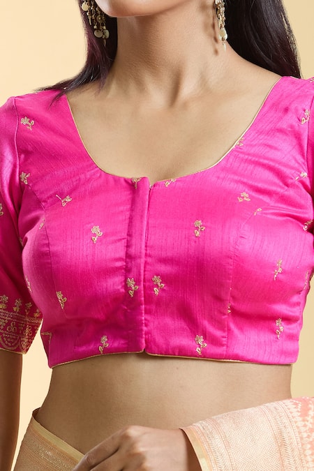 Naintara Bajaj_Pink Silk Embroidery Round Neck Floral Motif Blouse _at_Aza_Fashions