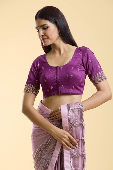 Shop Naintara Bajaj Wine Silk Embroidery Round Neck Plunge Back Blouse Online at Aza Fashions Shop_Naintara Bajaj_Wine Silk Embroidery Round Neck Plunge Back Blouse _Online_at_Aza_Fashions
