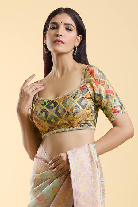 Naintara Bajaj_Gold Brocade Lace Square Neck Detailed Blouse _Online_at_Aza_Fashions