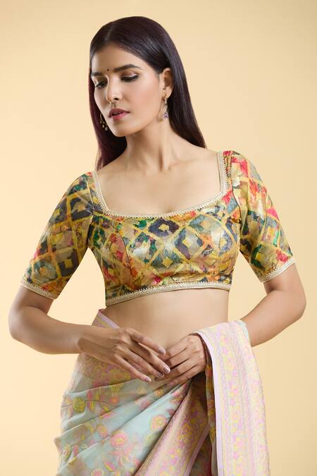 Buy_Naintara Bajaj_Gold Brocade Lace Square Neck Detailed Blouse _Online_at_Aza_Fashions