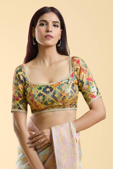 Shop_Naintara Bajaj_Gold Brocade Lace Square Neck Detailed Blouse _Online_at_Aza_Fashions