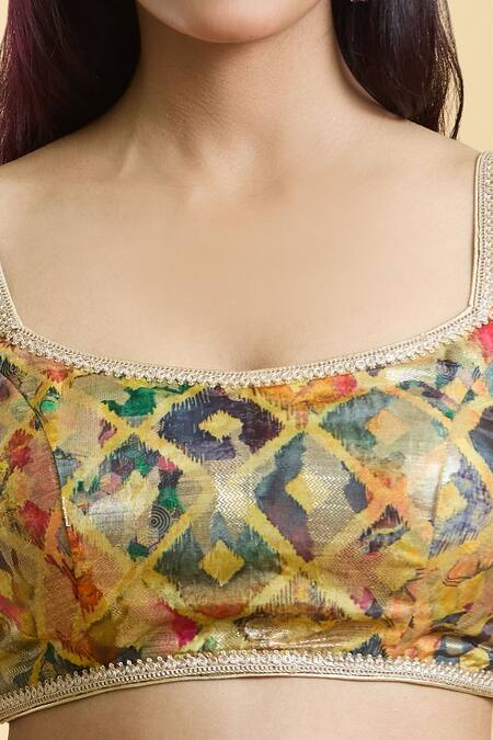 Naintara Bajaj_Gold Brocade Lace Square Neck Detailed Blouse _at_Aza_Fashions