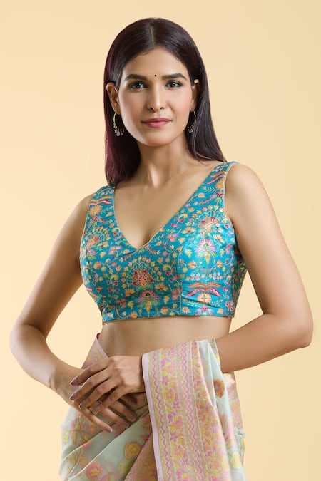 Naintara Bajaj_Blue Silk Embroidery Plunge Neck Resham Detailed Blouse _Online_at_Aza_Fashions
