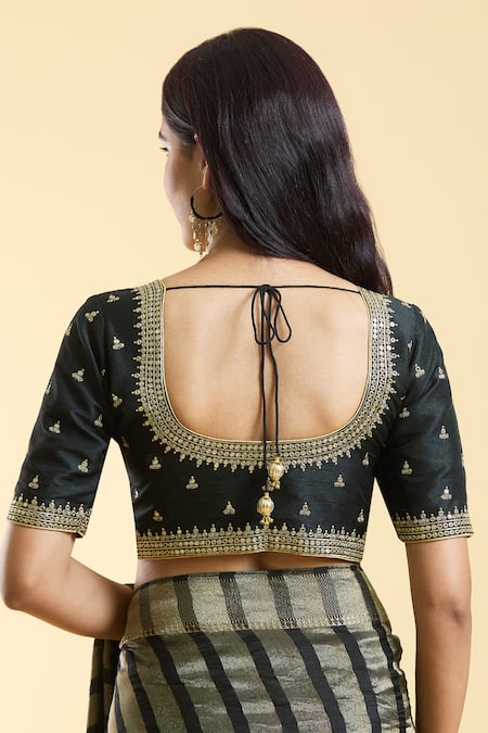 Shop Samyukta Singhania Black Silk Embroidery Round Neck Ditsy Bloom Blouse at Aza Fashions Shop_Samyukta Singhania_Black Silk Embroidery Round Neck Ditsy Bloom Blouse _at_Aza_Fashions