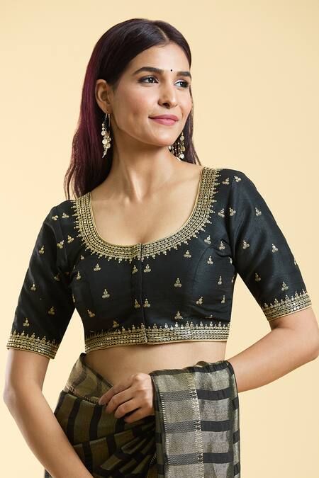 Samyukta Singhania Black Silk Embroidery Round Neck Ditsy Bloom Blouse Online at Aza Fashions Samyukta Singhania_Black Silk Embroidery Round Neck Ditsy Bloom Blouse _Online_at_Aza_Fashions