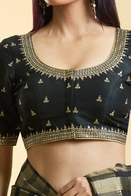 Shop Samyukta Singhania Black Silk Embroidery Round Neck Ditsy Bloom Blouse Online at Aza Fashions Shop_Samyukta Singhania_Black Silk Embroidery Round Neck Ditsy Bloom Blouse _Online_at_Aza_Fashions